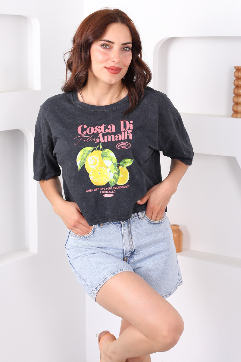Costa Di Amalfi Baskılı Antrasit Yıkamalı Kadın T-Shirt - 3