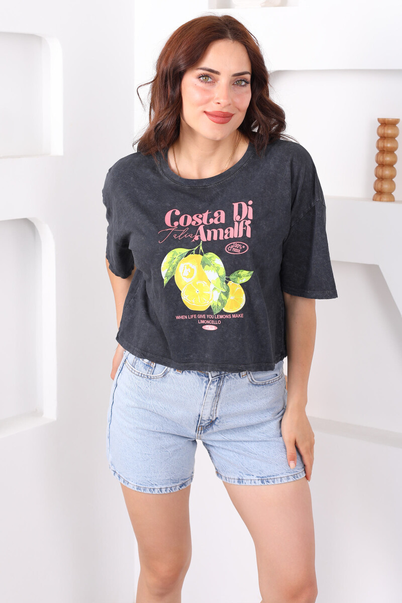 Costa Di Amalfi Baskılı Antrasit Yıkamalı Kadın T-Shirt - 4
