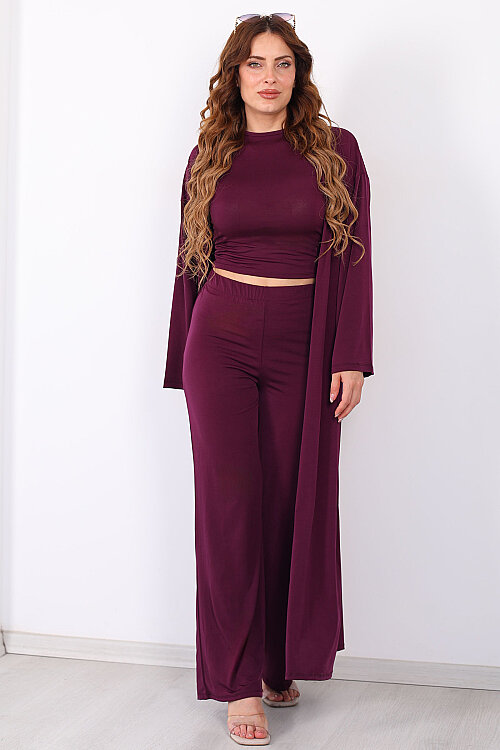 Crop- Hırka-Pantolon Kadın Mürdüm Sandy Takım - Berox