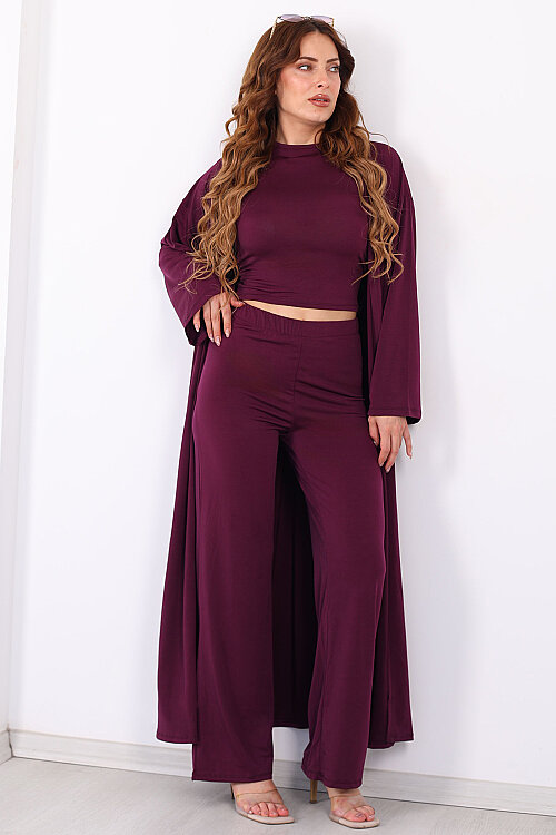 Crop- Hırka-Pantolon Kadın Mürdüm Sandy Takım - 3