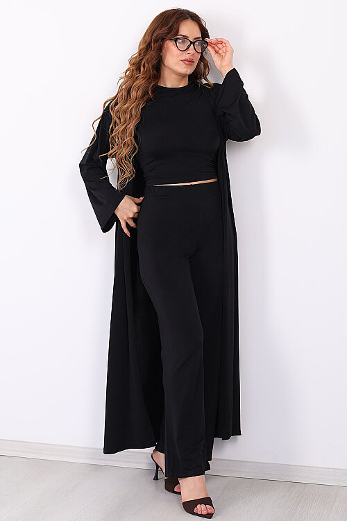 Crop- Hırka-Pantolon Kadın Siyah Sandy Takım - Berox