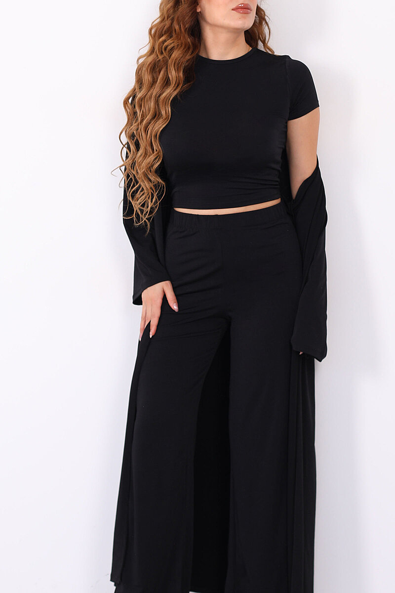 Crop- Hırka-Pantolon Kadın Siyah Sandy Takım - 2