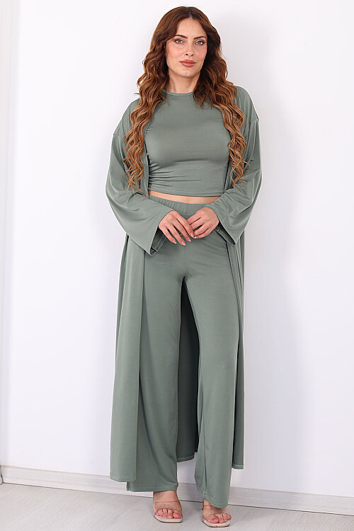 Crop- Hırka-Pantolon Kadın Yeşil Sandy Takım - 4