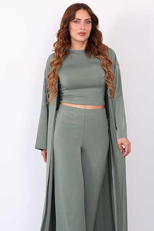 Crop- Hırka-Pantolon Kadın Yeşil Sandy Takım - Berox