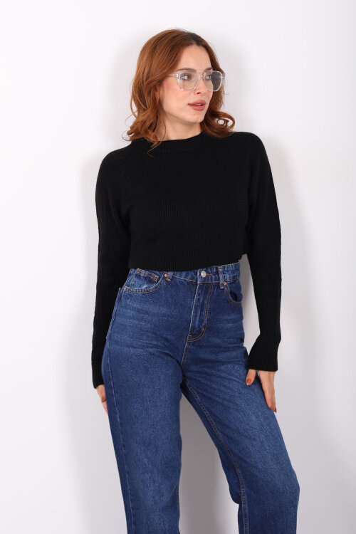 Crop Siyah Kadın Triko Kazak - Berox