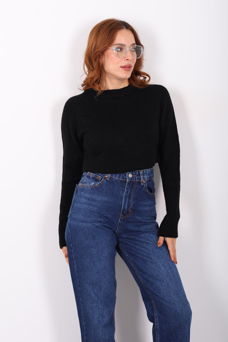 Crop Siyah Kadın Triko Kazak - 1