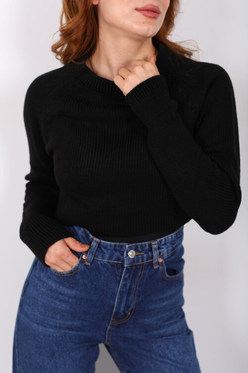 Crop Siyah Kadın Triko Kazak - Berox (1)