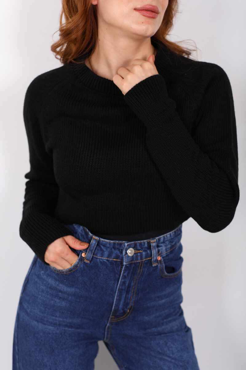 Crop Siyah Kadın Triko Kazak - 2