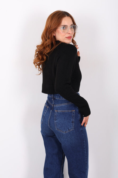 Crop Siyah Kadın Triko Kazak - 4