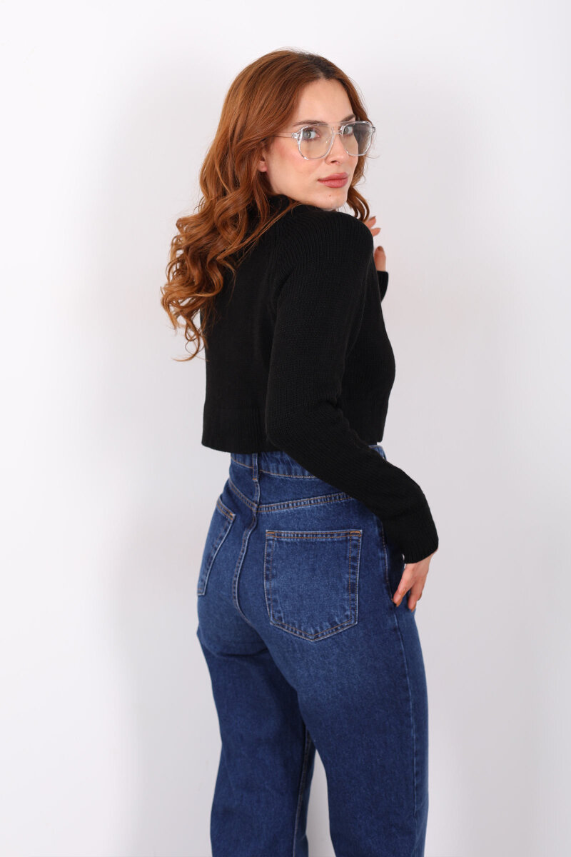 Crop Siyah Kadın Triko Kazak - 4