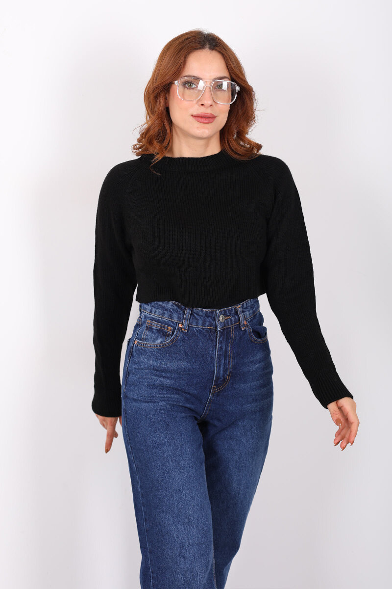 Crop Siyah Kadın Triko Kazak - 3