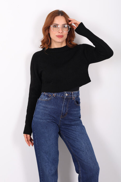 Crop Siyah Kadın Triko Kazak - 5