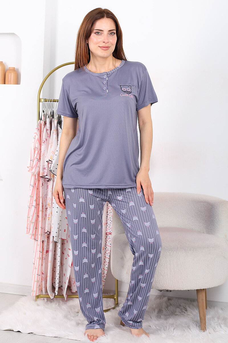 Cut Cat Desenli Antrasit Kadın Yarım Düğmeli Pijama Takımı - 6