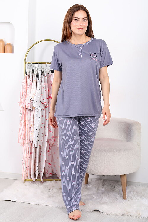 Cut Cat Desenli Antrasit Kadın Yarım Düğmeli Pijama Takımı - 3