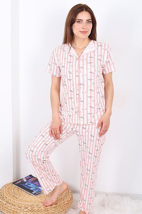 Cut Dog Desenli Fiyonklu Pembe Kadın Pijama Takımı - 4