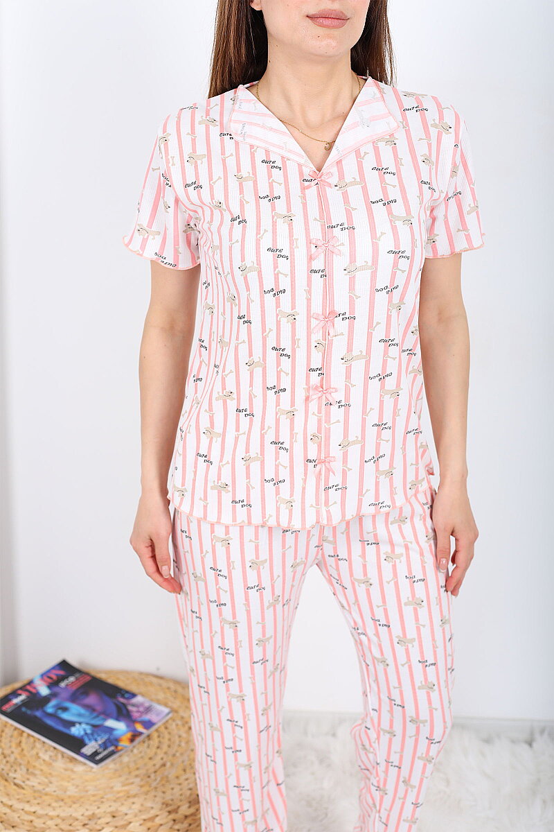 Cut Dog Desenli Fiyonklu Pembe Kadın Pijama Takımı - 2