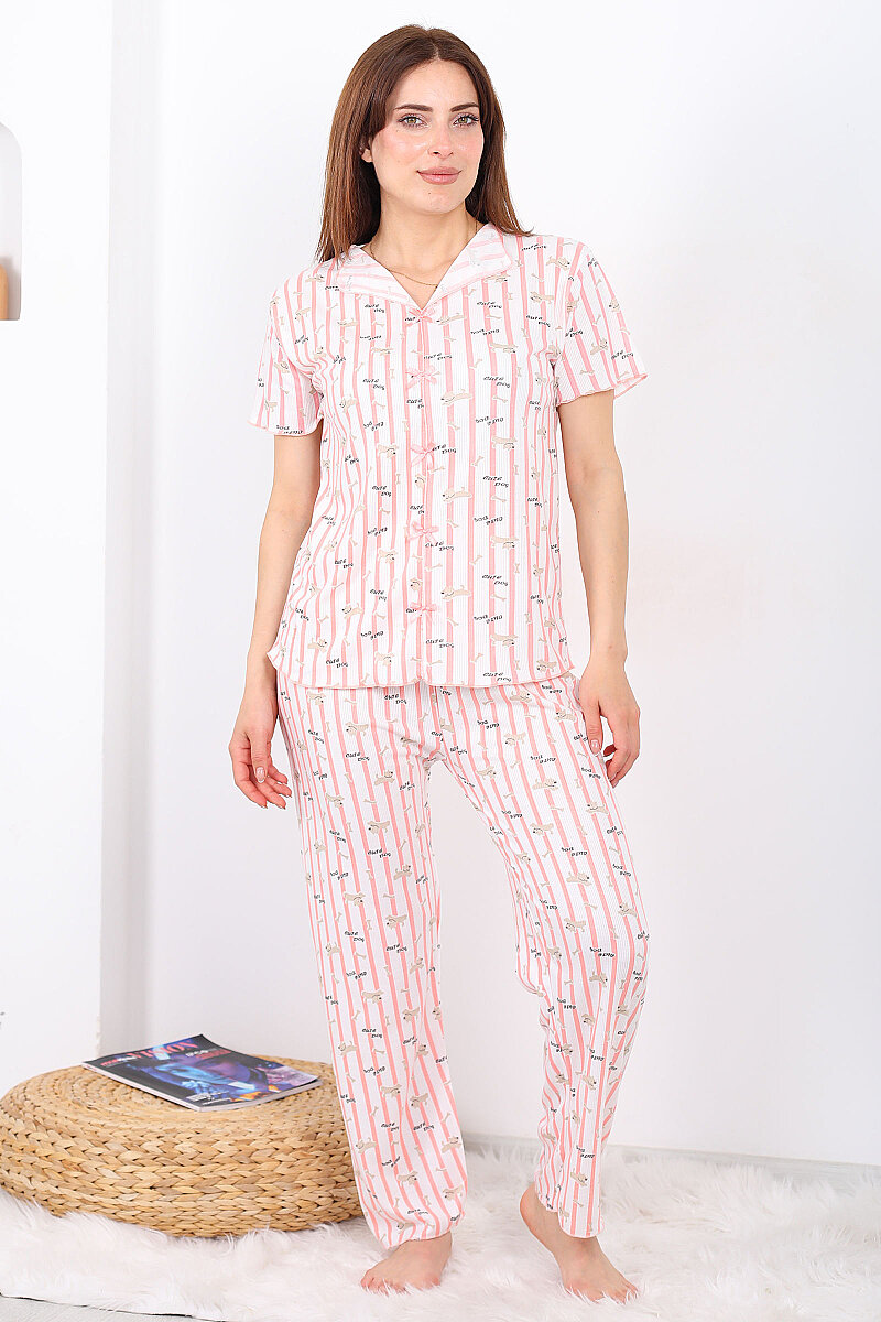 Cut Dog Desenli Fiyonklu Pembe Kadın Pijama Takımı - 6