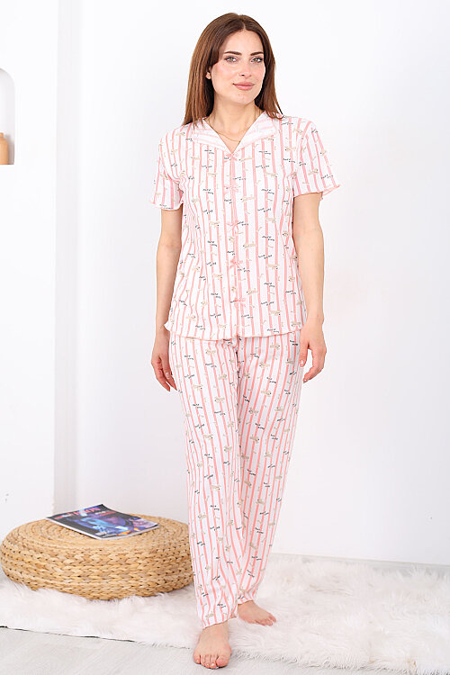 Cut Dog Desenli Fiyonklu Pembe Kadın Pijama Takımı - 3