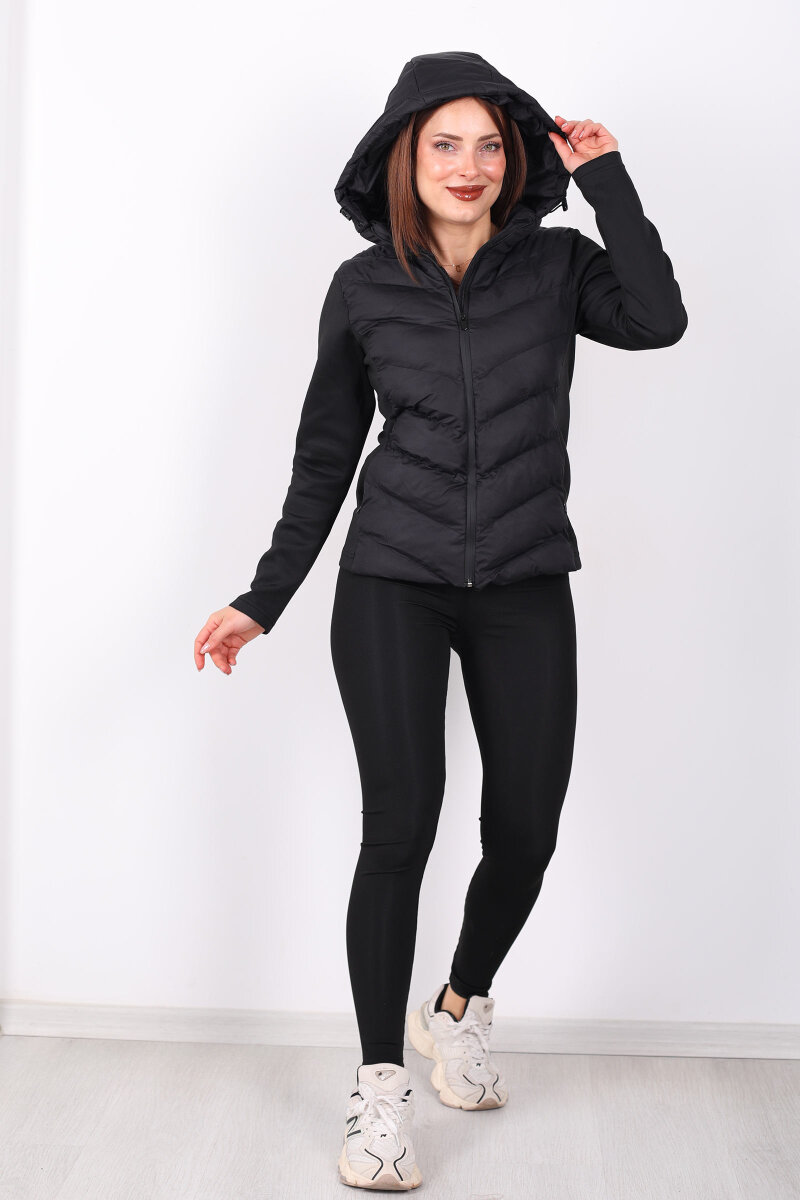 Dalgıç Detay Cepli Siyah Kadın Şişme Mont - 4