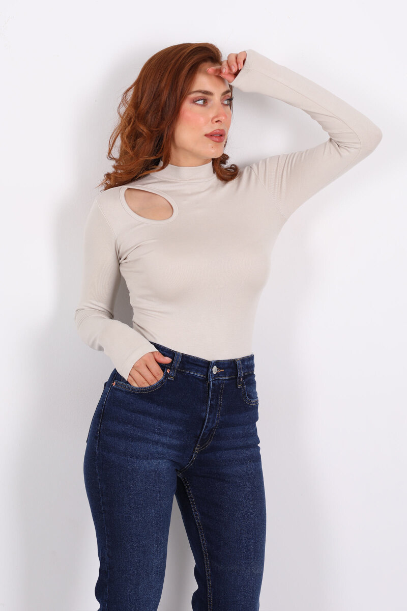 Damla Detaylı Buzzy Taş Rengi Kadın Çıtçıtlı Body - 6