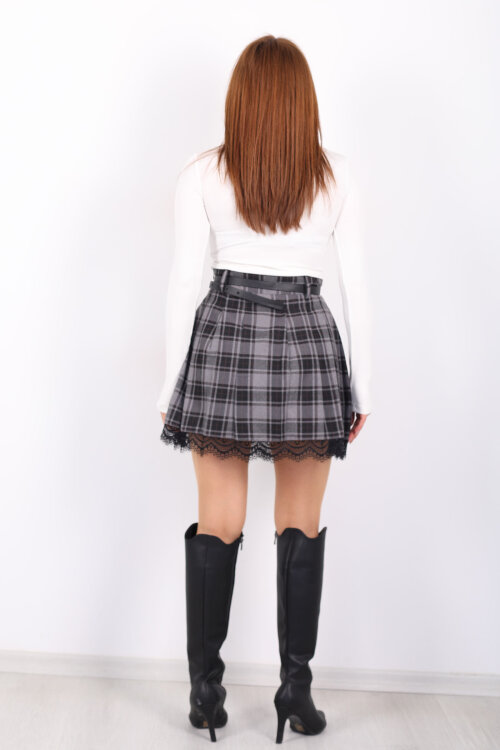 Dantel Detaylı Antrasit Kadın Ekose Etek - 5