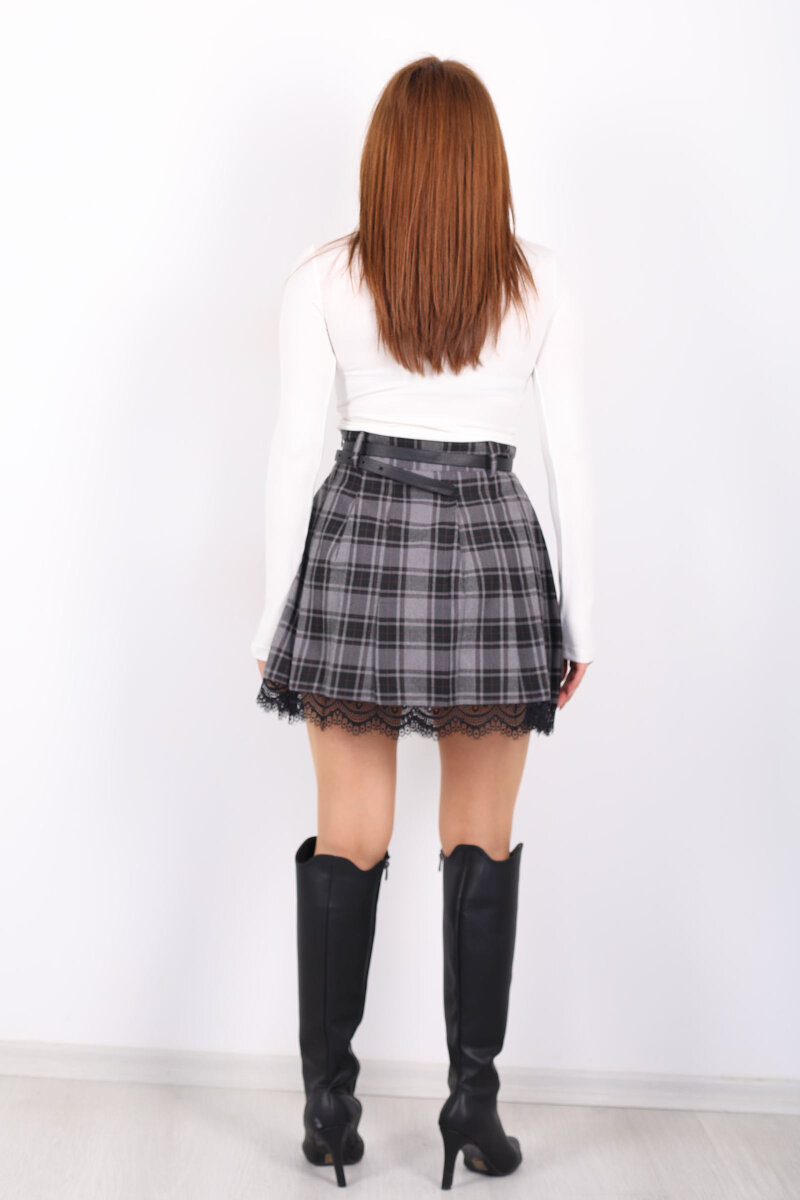 Dantel Detaylı Antrasit Kadın Ekose Etek - 5