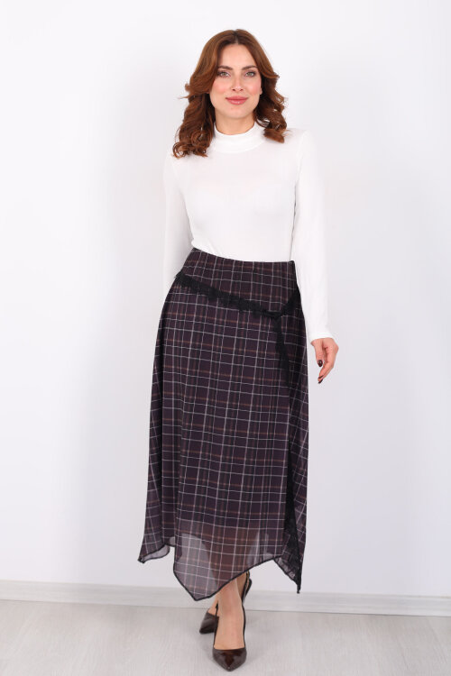 Dantel Detaylı Asimetrik Antrasit Kadın Ekose Desenli Etek - 5