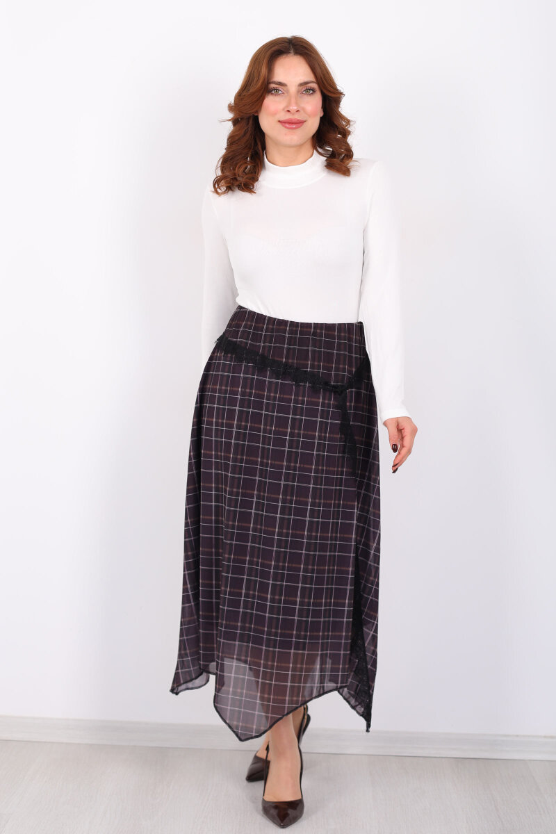 Dantel Detaylı Asimetrik Antrasit Kadın Ekose Desenli Etek - 5