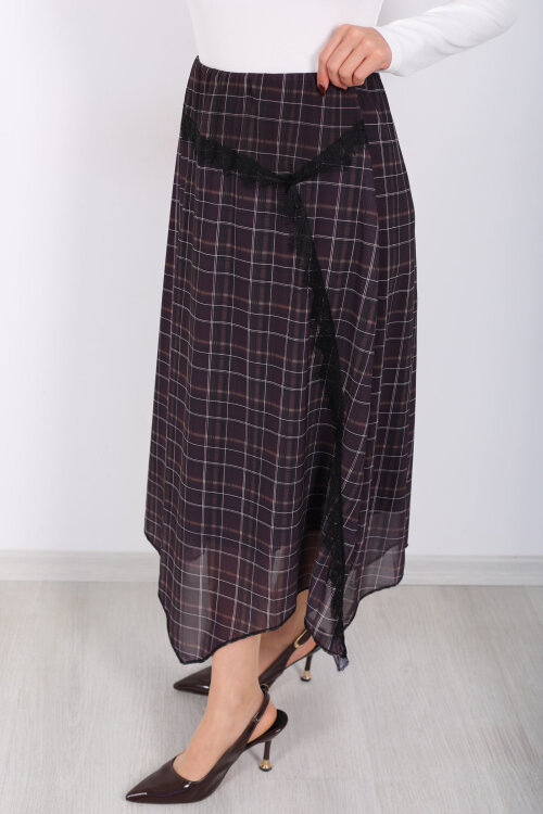 Dantel Detaylı Asimetrik Antrasit Kadın Ekose Desenli Etek - Berox (1)