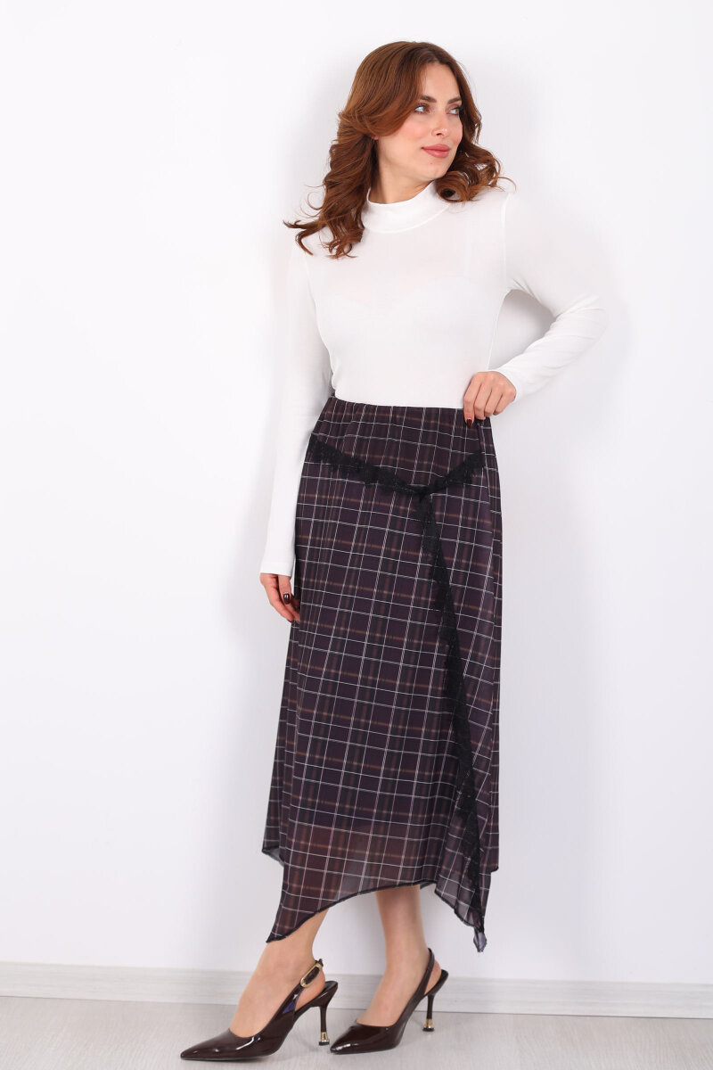 Dantel Detaylı Asimetrik Antrasit Kadın Ekose Desenli Etek - 4