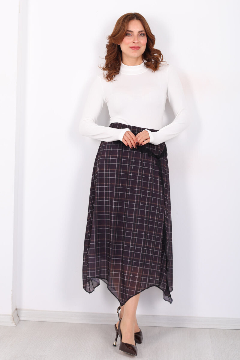 Dantel Detaylı Asimetrik Antrasit Kadın Ekose Desenli Etek - 3