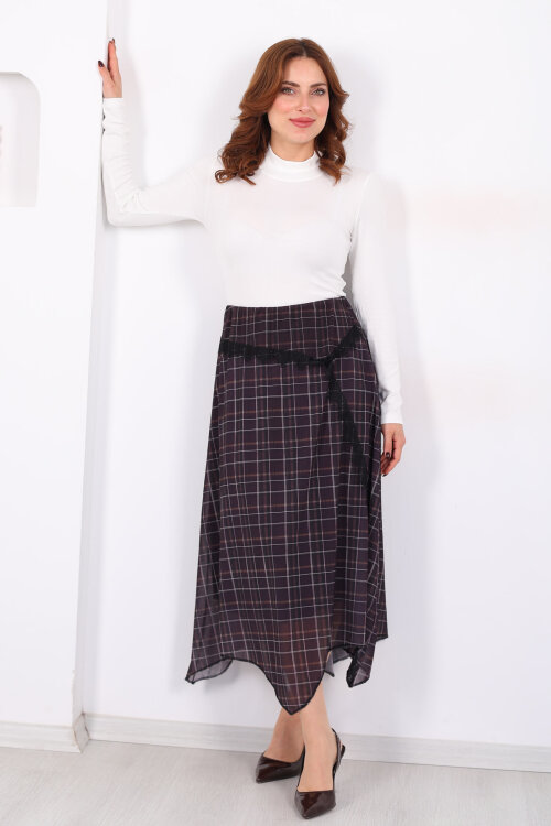 Dantel Detaylı Asimetrik Antrasit Kadın Ekose Desenli Etek - Berox