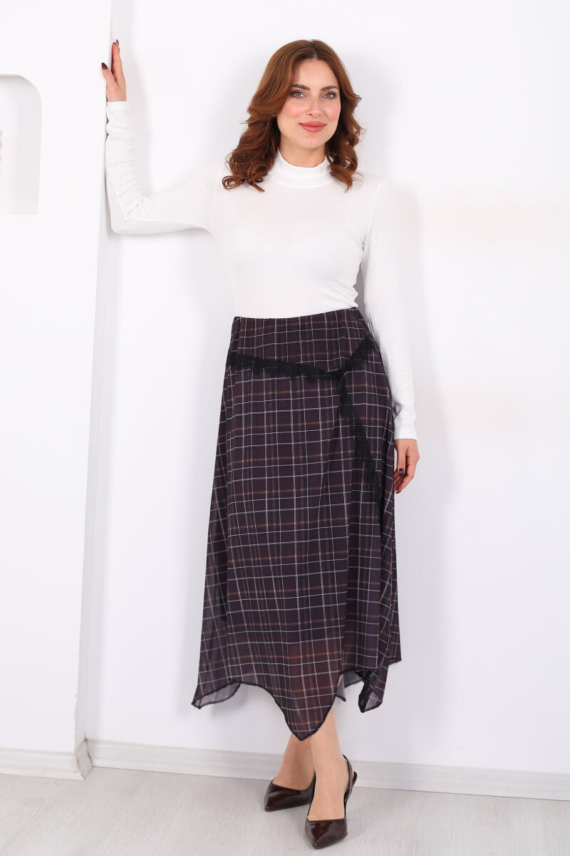 Dantel Detaylı Asimetrik Antrasit Kadın Ekose Desenli Etek - 1