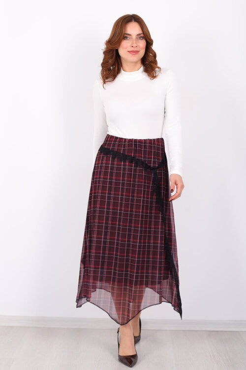 Dantel Detaylı Asimetrik Mürdüm Kadın Ekose Desenli Etek - 7