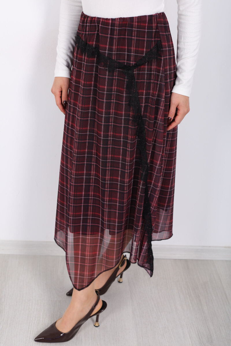 Dantel Detaylı Asimetrik Mürdüm Kadın Ekose Desenli Etek - 2