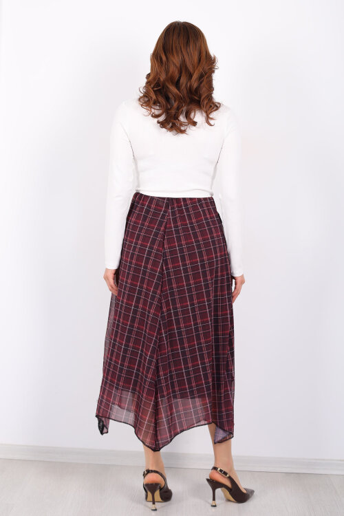 Dantel Detaylı Asimetrik Mürdüm Kadın Ekose Desenli Etek - 6