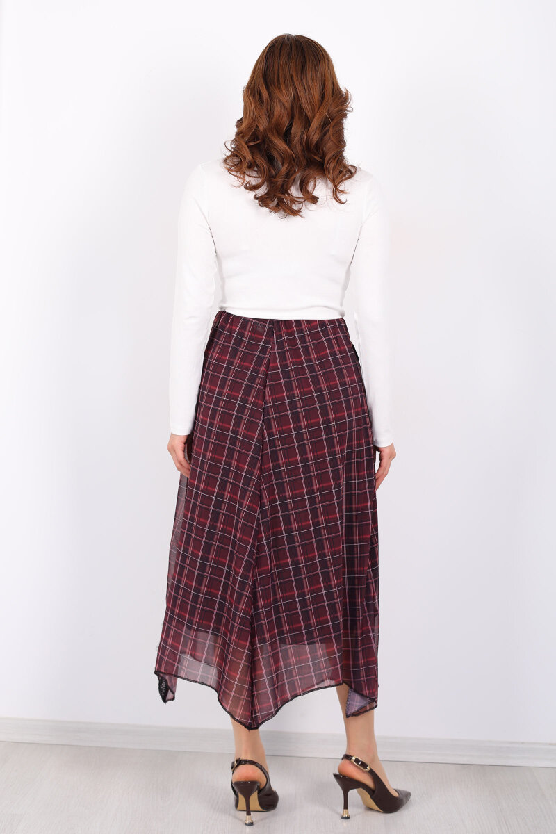 Dantel Detaylı Asimetrik Mürdüm Kadın Ekose Desenli Etek - 6