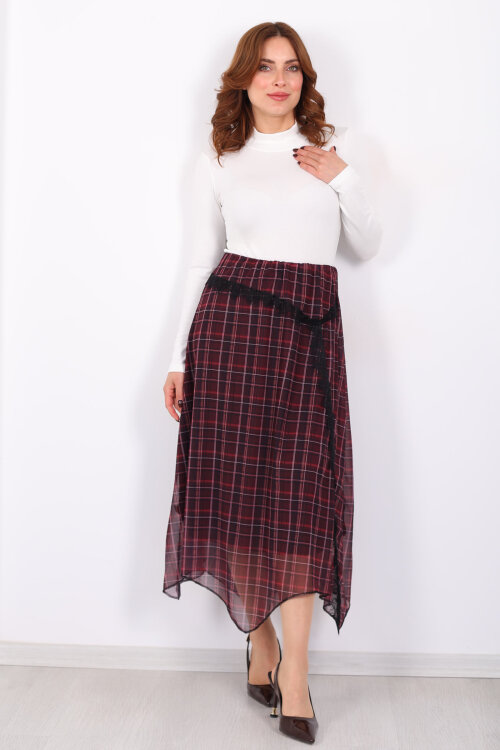 Dantel Detaylı Asimetrik Mürdüm Kadın Ekose Desenli Etek 