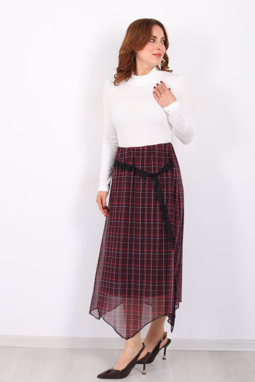 Dantel Detaylı Asimetrik Mürdüm Kadın Ekose Desenli Etek - 5