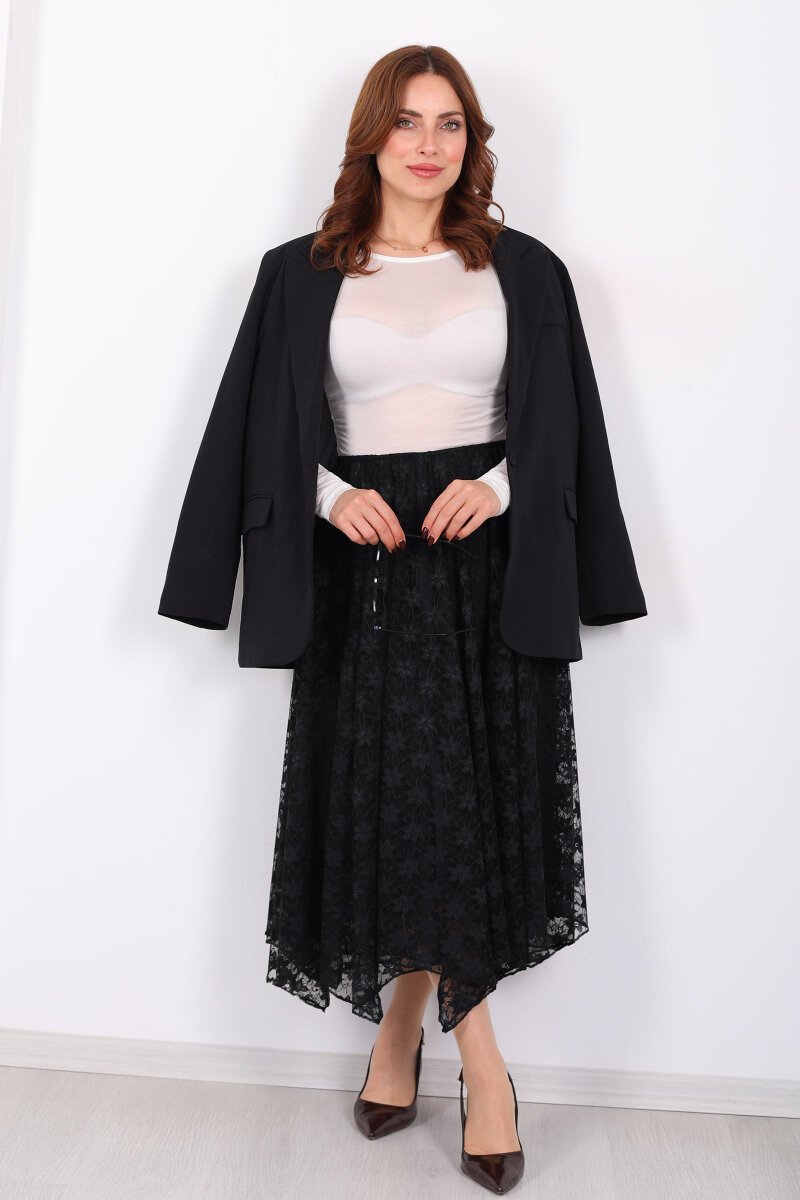 Dantel Detaylı Beli Lastikli Siyah Kadın Midi Etek - 3