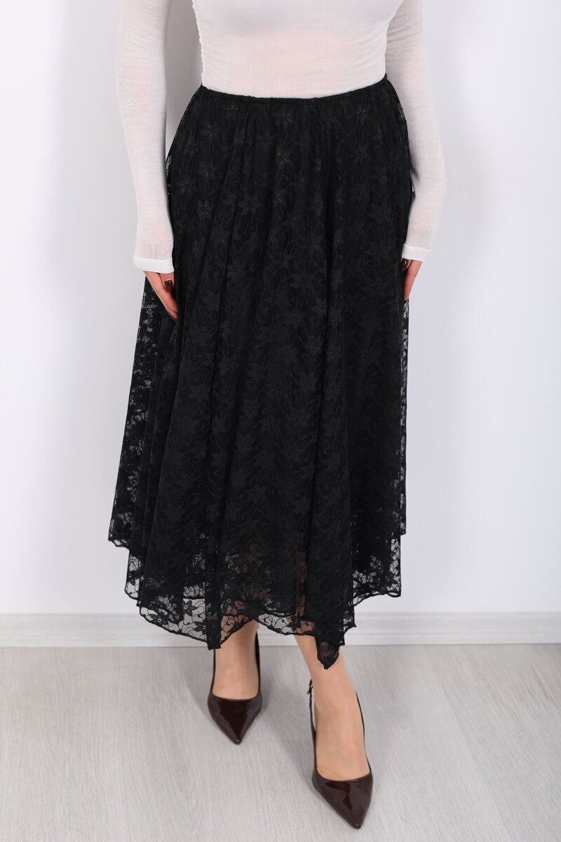 Dantel Detaylı Beli Lastikli Siyah Kadın Midi Etek - 2