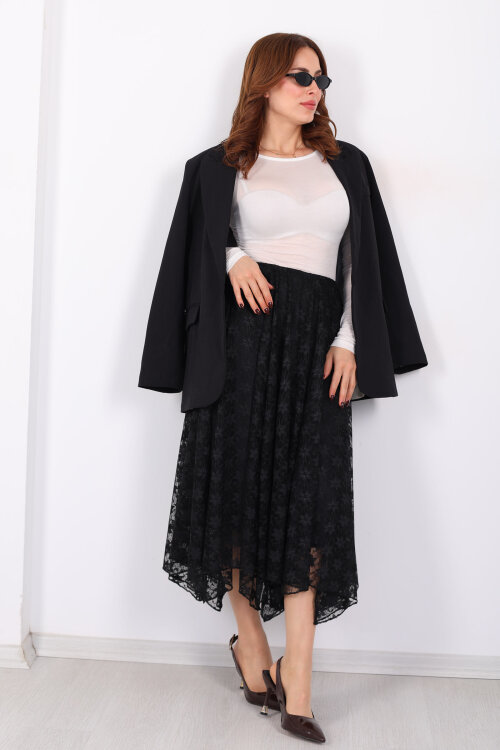 Dantel Detaylı Beli Lastikli Siyah Kadın Midi Etek - Berox