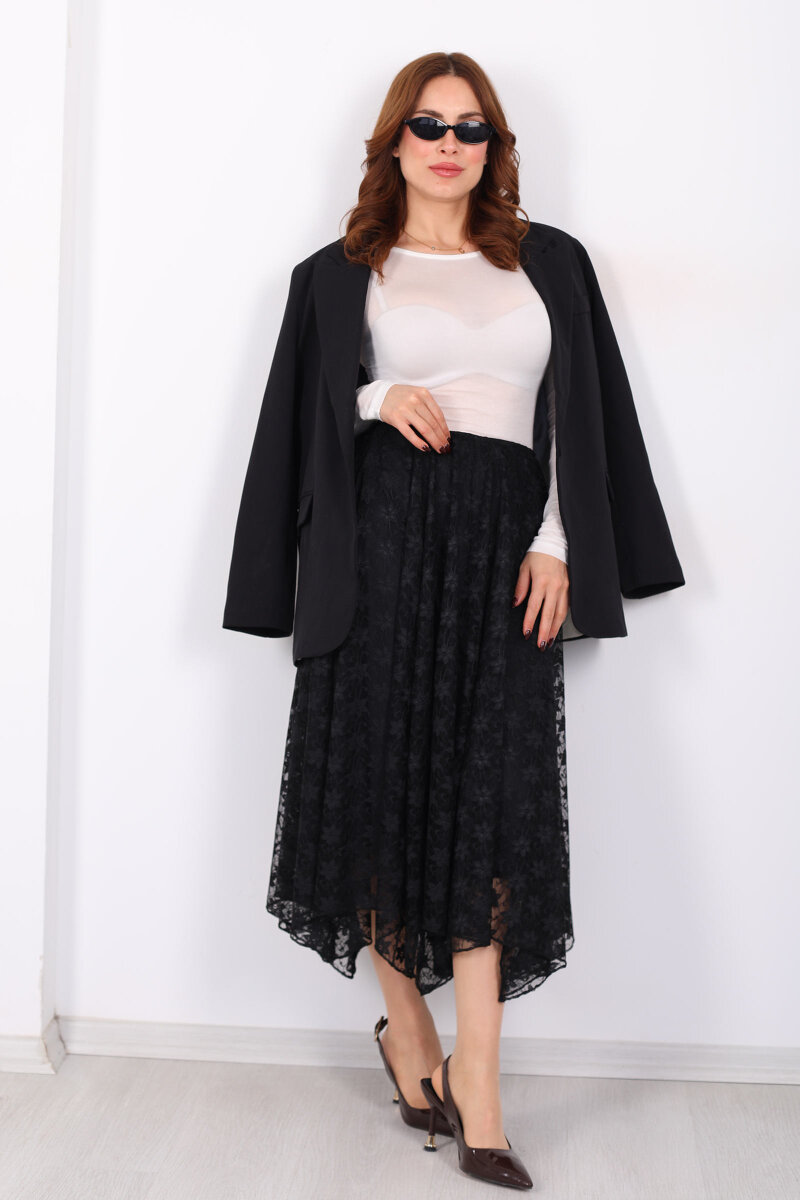 Dantel Detaylı Beli Lastikli Siyah Kadın Midi Etek - 5