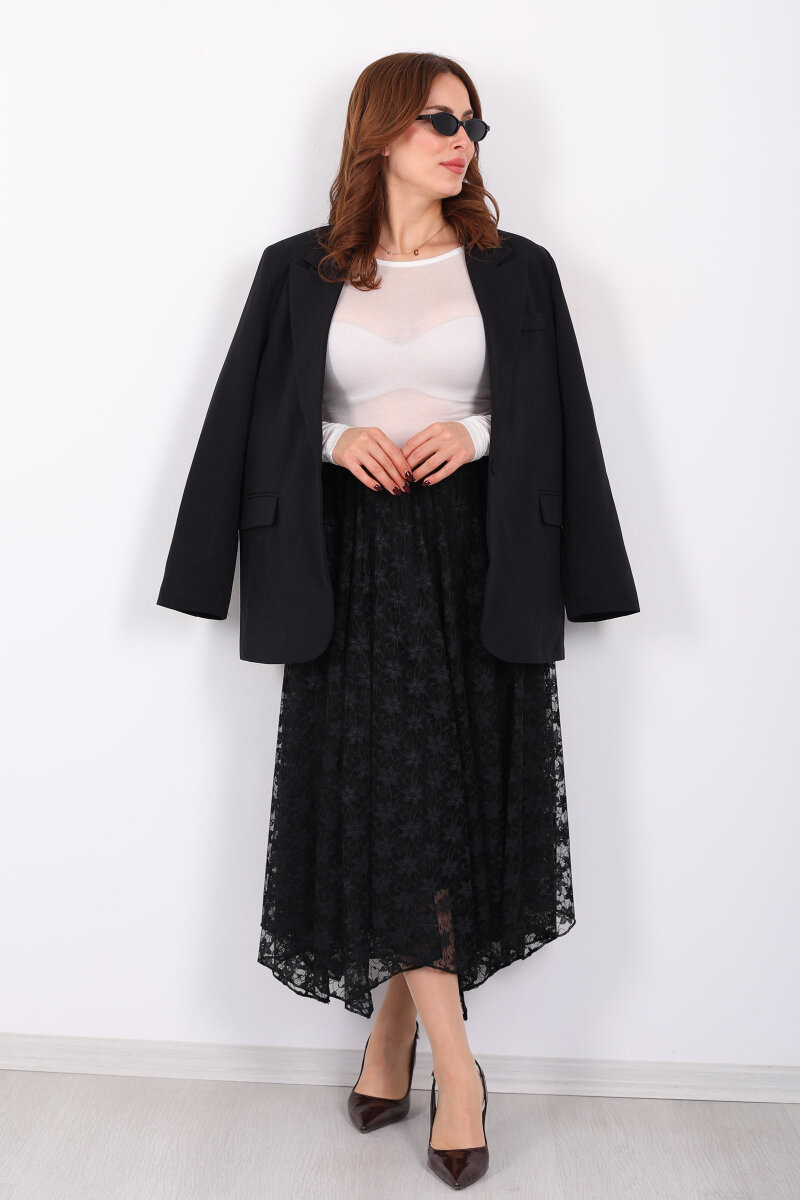 Dantel Detaylı Beli Lastikli Siyah Kadın Midi Etek - 7