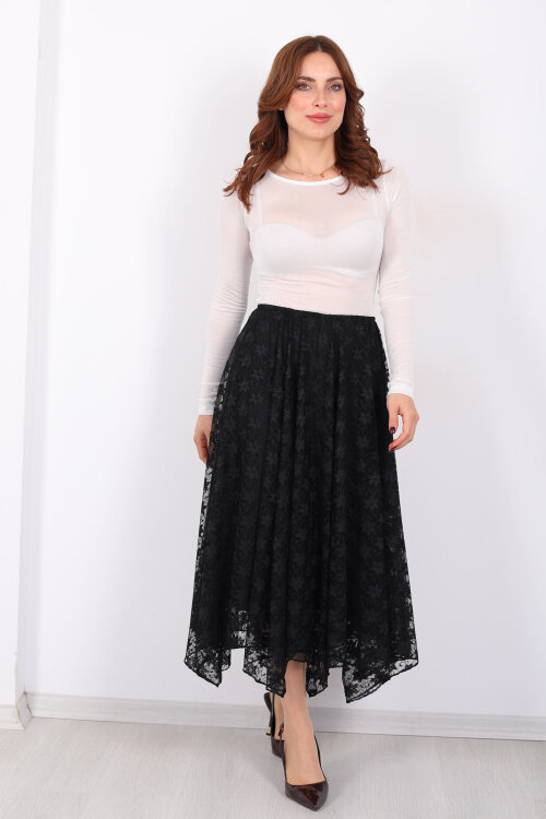 Dantel Detaylı Beli Lastikli Siyah Kadın Midi Etek - 4