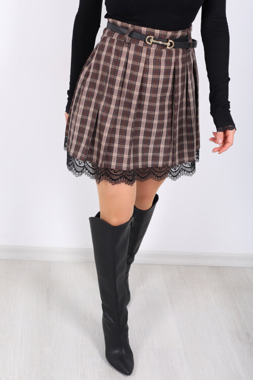 Dantel Detaylı Kahverengi Kadın Ekose Etek - Berox (1)