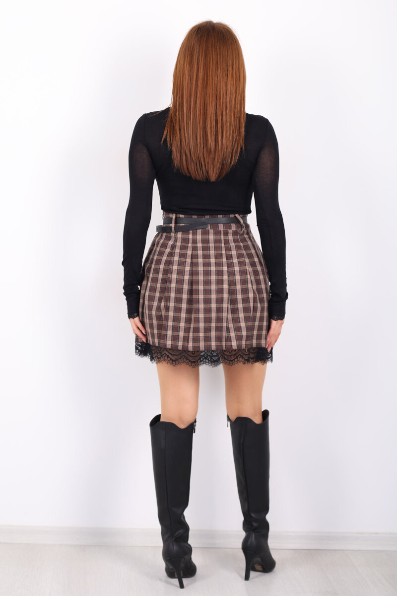 Dantel Detaylı Kahverengi Kadın Ekose Etek - 5
