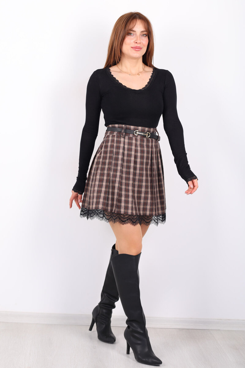 Dantel Detaylı Kahverengi Kadın Ekose Etek - 3