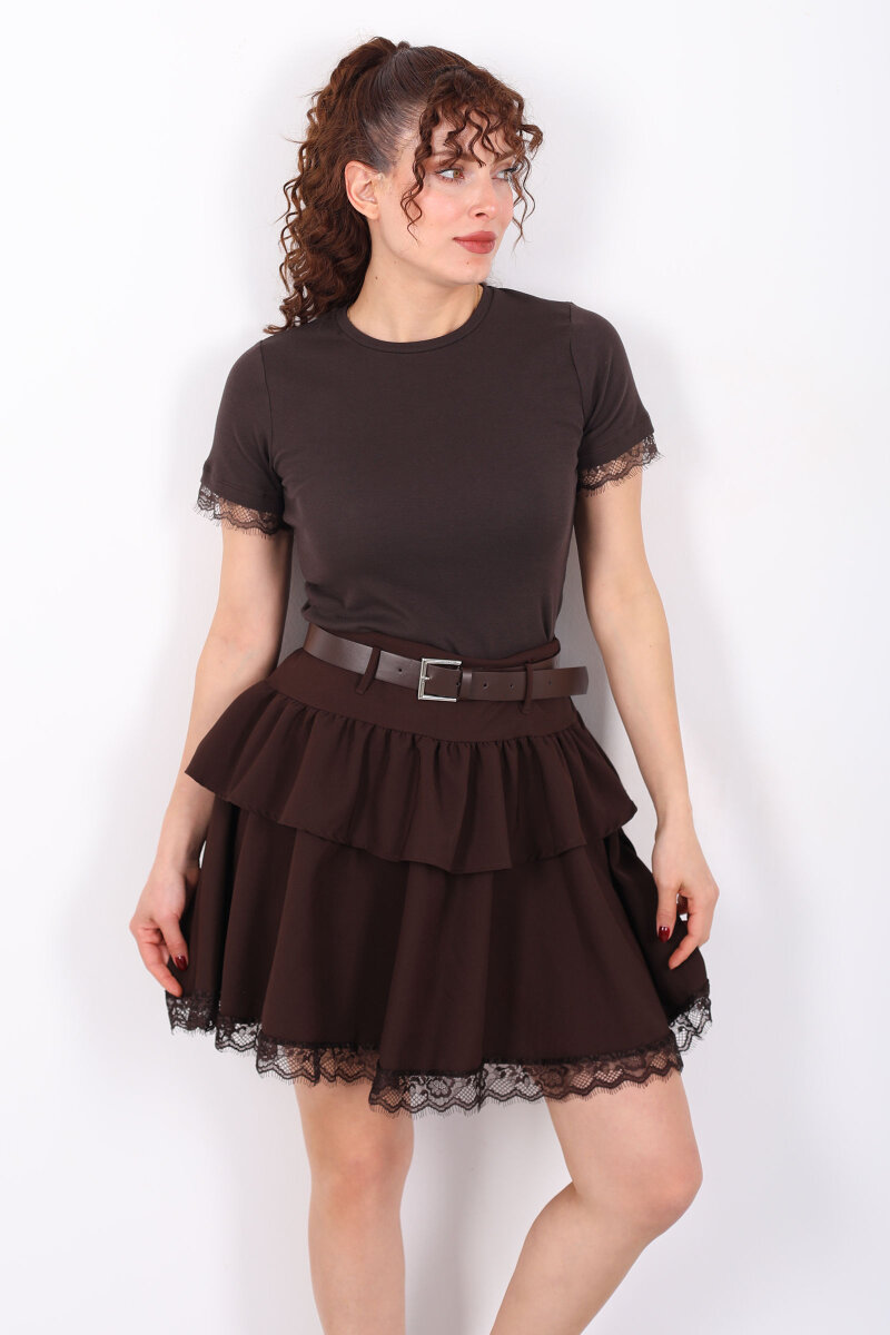 Dantel Detaylı Kemerli Mini Acı Kahve Kadın Katlı Şort Etek - 3