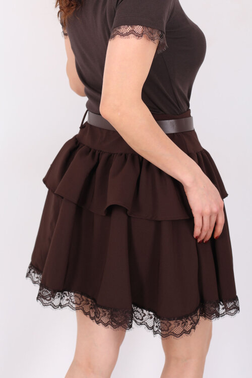 Dantel Detaylı Kemerli Mini Acı Kahve Kadın Katlı Şort Etek - 5
